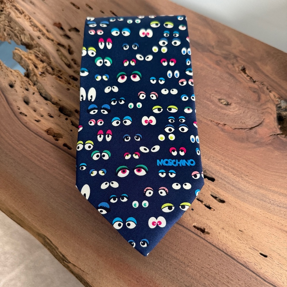 Moschino Vintage Blue Tie with Colorful Eye Print, 100% Silk